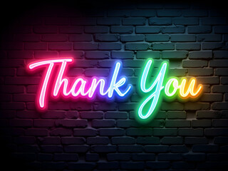 A Vibrant Neon 'Thank You' Sign Illuminates a Textured Brick Wall, Radiating Gratitude and Warmth with its Colorful Glow Against the Rustic Backdrop