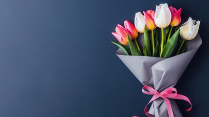 Bouquet of tulips wrapped in grey paper and tied with pink ribbon on dark blue background, perfect for floral design, celebration and decoration concepts. Top view. Space for text on the left
