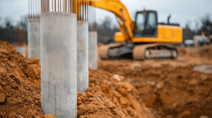 Construction site with concrete pillars and heavy machinery at work.