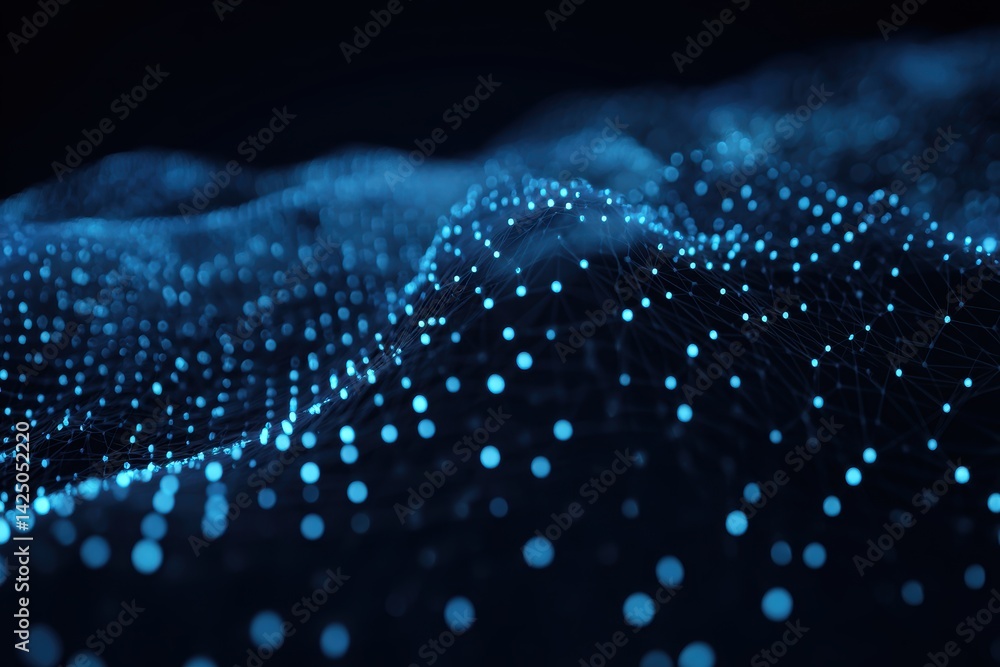 Poster abstract data network with glowing nodes in dark space representing technology and communication