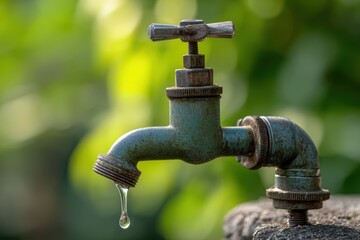 Antique faucet with water droplet nature concept conservation equipment outdoor slow motion liquid