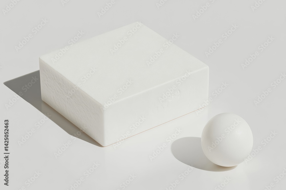 Poster a simple, minimalist, white rectangular block and sphere. a study in contrast and form