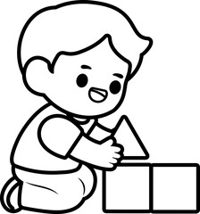 Child Playing with Building Blocks – Flat Vector Illustration