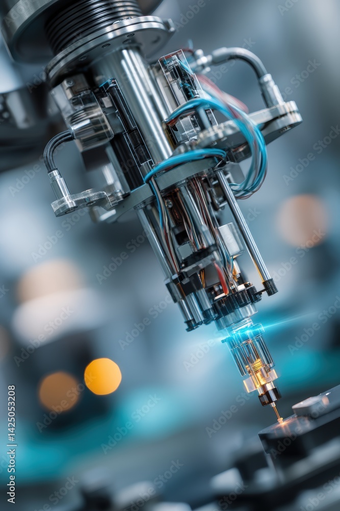Poster advanced automated industrial robotic arm working with precision for microchip production in close u