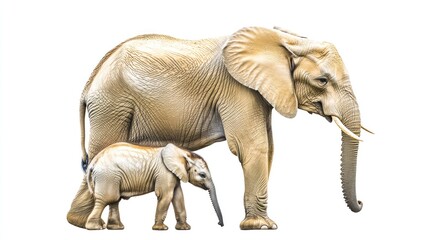 Fototapeta premium Mother and calf elephants against a white background