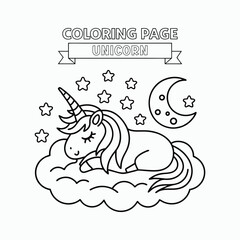Cute Sleeping Unicorn – Magical Cloud Bed and Starry Night Coloring Page.
