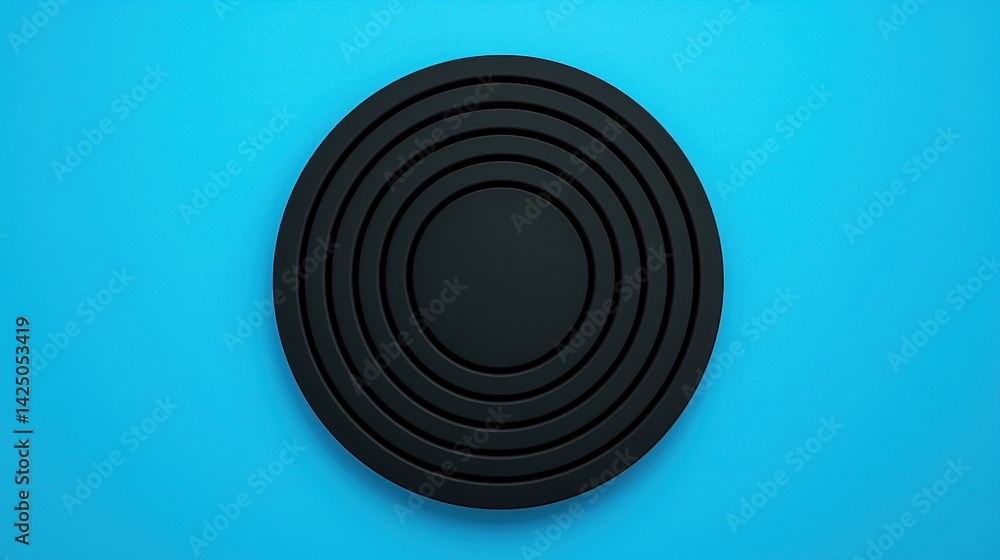 Poster a minimalist black circular design with concentric rings set against a bright blue background, creat