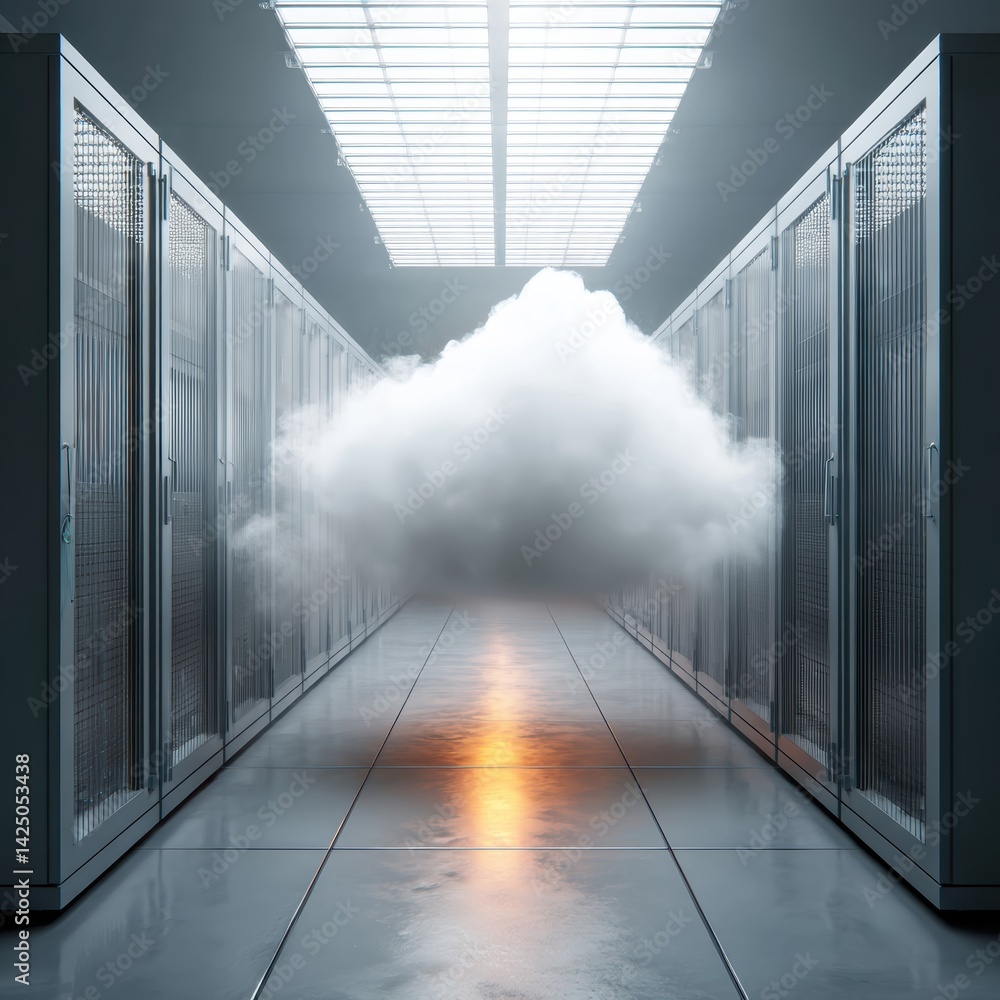 Poster cloud computing data center visualization server infrastructure with servers and cloud