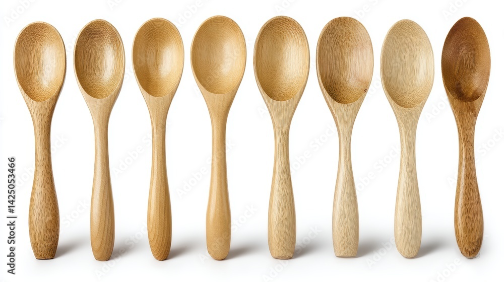 Poster seven wood spoons in a row displaying a beautiful array of natural wooden shades against a white bac