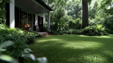 Fototapeta premium Tranquil home exterior with lush greenery