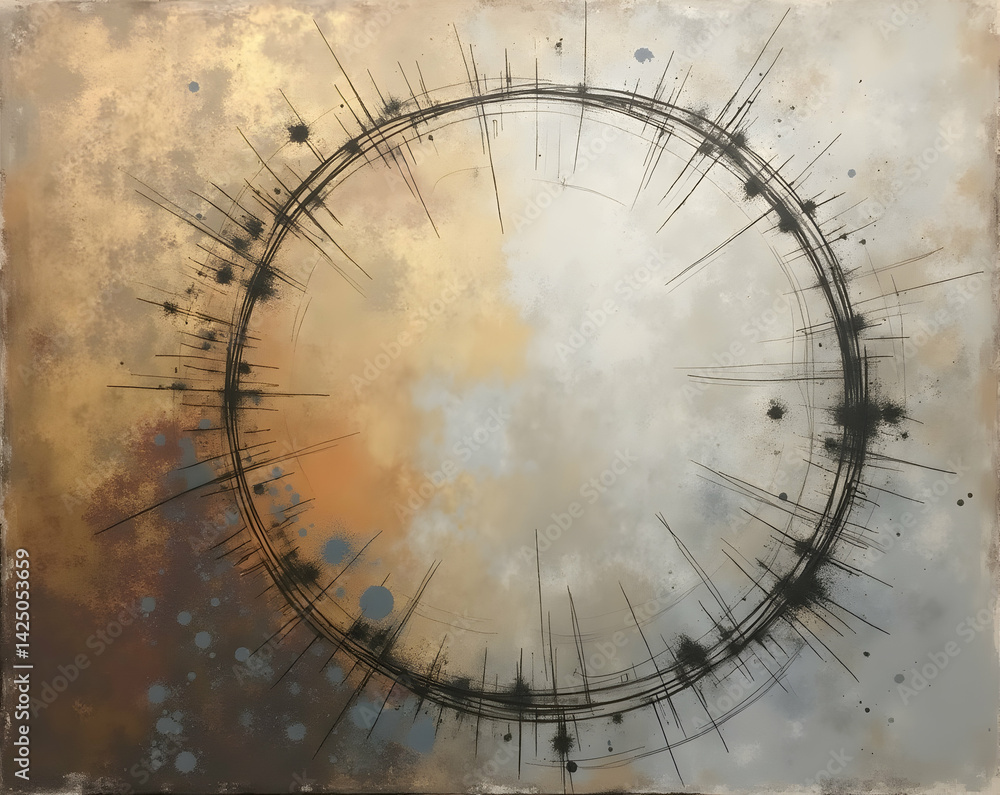 Poster abstract composition with circular motif and scratched surface texture, a modern artistic expression