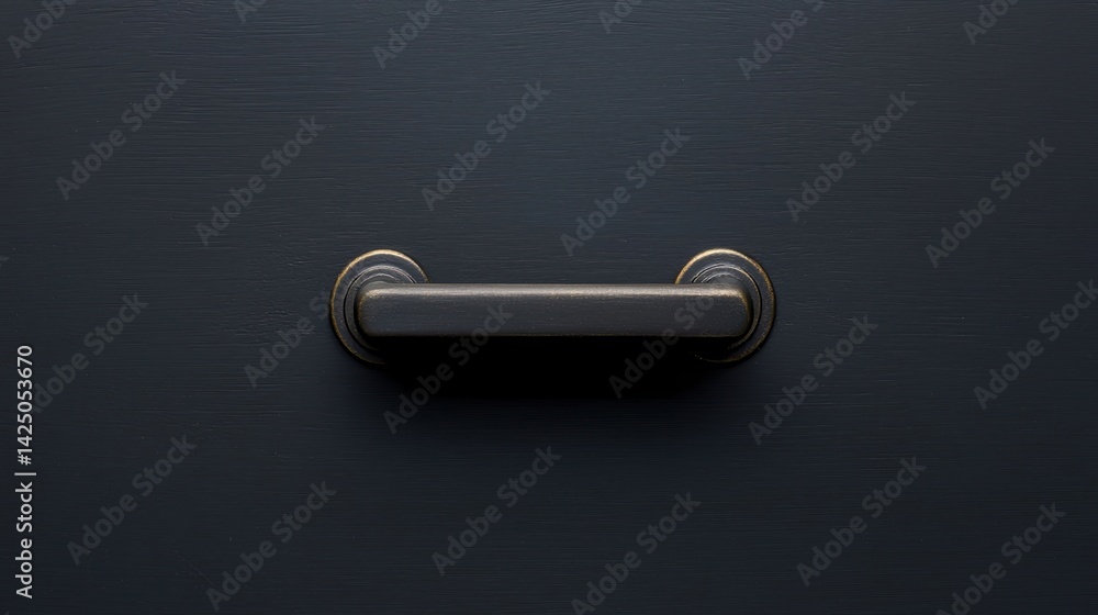 Poster a close-up view of a simple, dark door handle mounted on a textured black surface, emphasizing minim