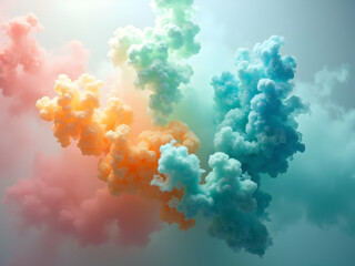 Abstract Colorful Clouds Creating a Dreamlike Atmosphere, with Swirling Tendrils of Pink, Orange, Green, and Blue Smoke Fusing Together in a Gradient Haze