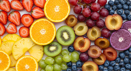 Vibrant Rainbow Array Of Fresh Fruits On A White Background
