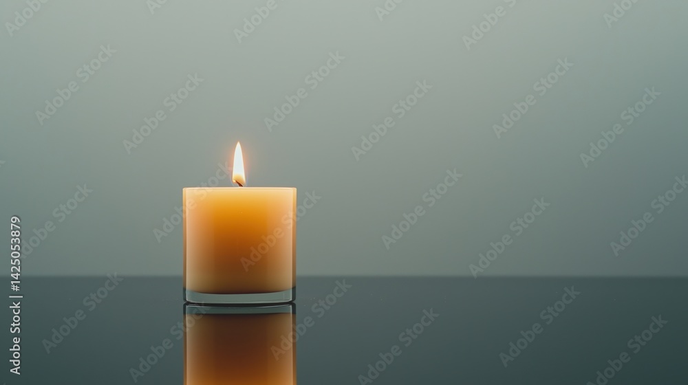 Poster a serene candle emits a warm glow, reflecting on a smooth surface, creating a calming atmosphere in 