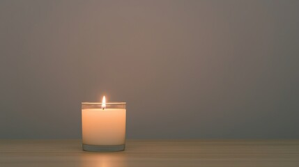 A solitary candle flickers softly on a wooden surface, casting a warm glow against a neutral wall, creating a serene and calming atmosphere.