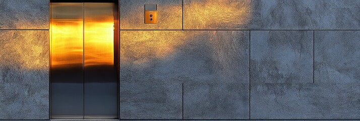 Golden elevator doors reflecting a fiery sunset against a textured wall