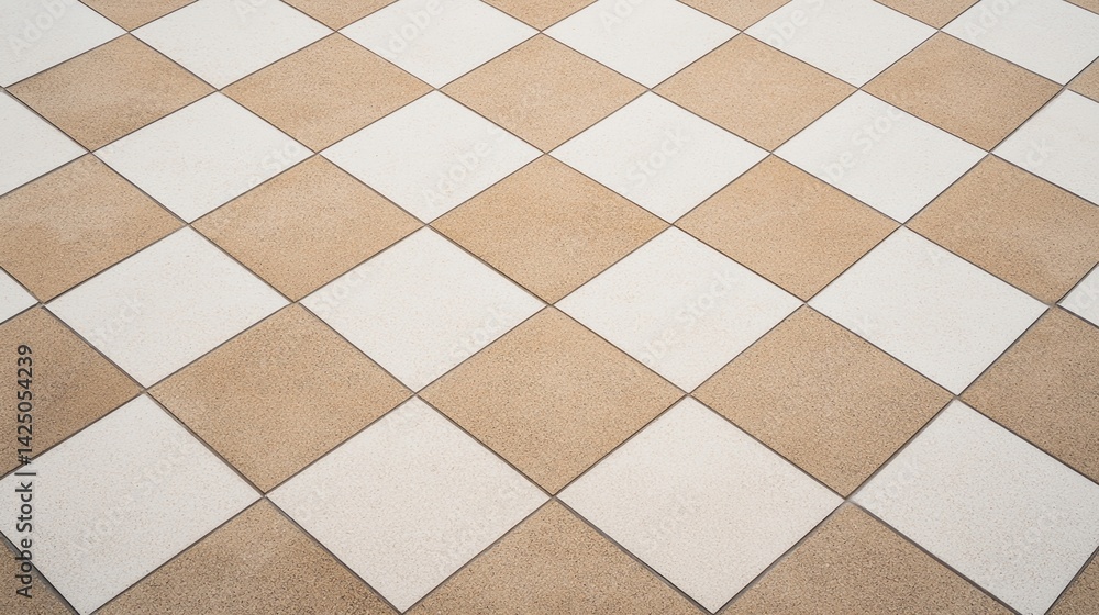 Poster a close-up view of a tiled floor featuring a checkerboard pattern in beige and white colors.