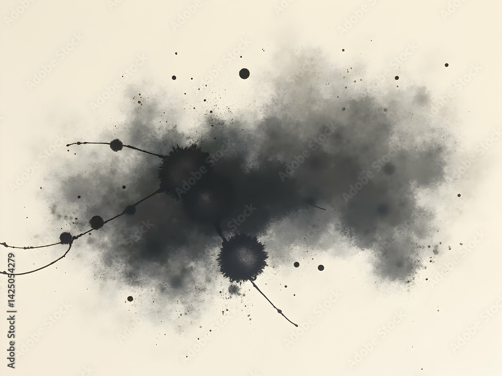 Poster abstract expressionism, ink bleeds and splatters overlay on neutral tone canvas, high resolution tex