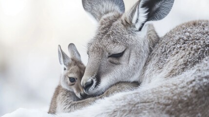 Fototapeta premium Close-up of a mother kangaroo and joey resting together in the snow