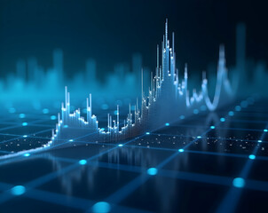 Abstract financial graph overlays with glowing grid for futuristic data visualization and analysis, presenting market trends and investment opportunities