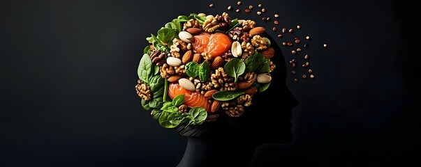 Conceptual still life image of a glowing human brain made entirely of nutritious food items like walnuts spinach and omega 3 rich fish against a dark background with no text