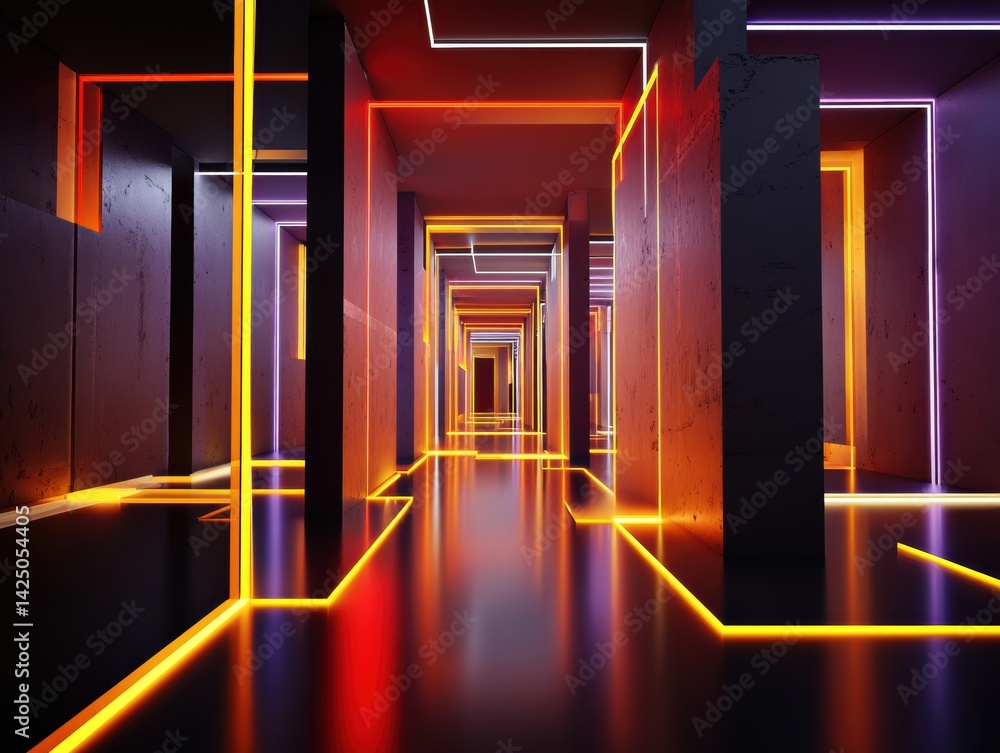 Poster illuminated tunnel with vivid neon lights and geometric shapes in a modern abstract corridor style p
