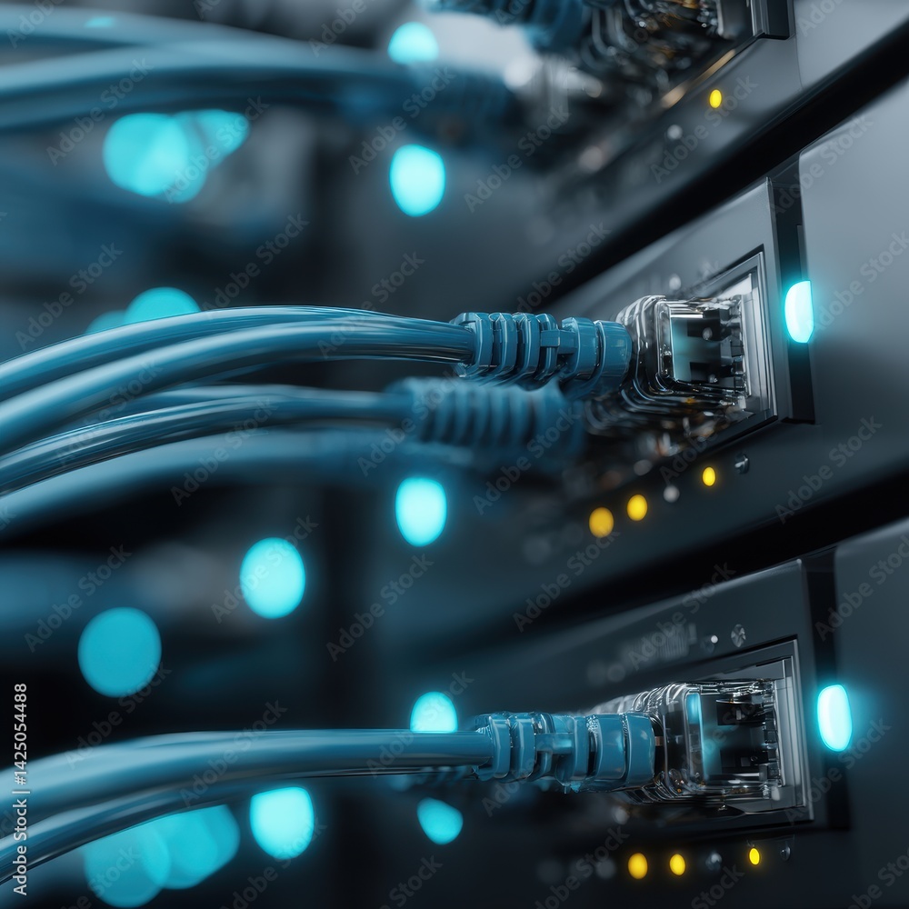 Poster network server with cables connected transmitting data in modern data center environment