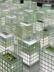 Verdant miniatures inside translucent architecture plants cultivating within blocks in indoor installation serene atmosphere soft light urban style