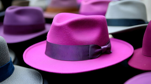 Display of various colored hats, fashion accessories, outdoor market