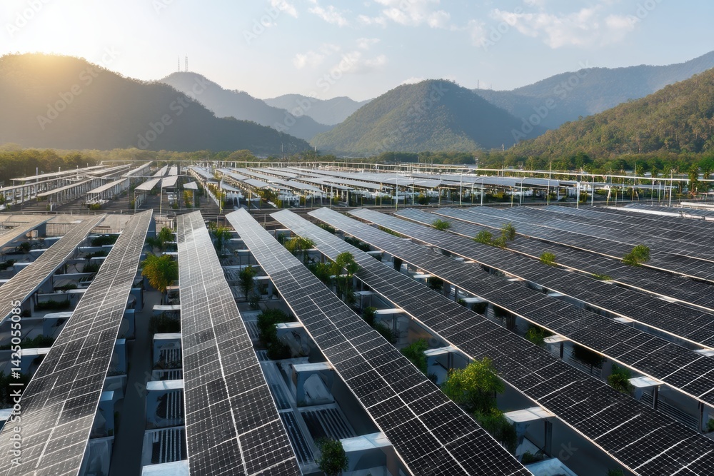 Aufkleber aerial view of solar panel array on building rooftop with mountains and sky environmentally friendly