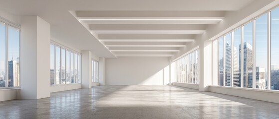 Obraz premium Bright Empty Contemporary Office Interior with White Walls Concrete Floor and Cityscape View Through Large Windows