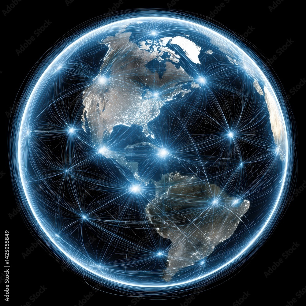Poster connected world concept with global communication network digital connection lines and global networ