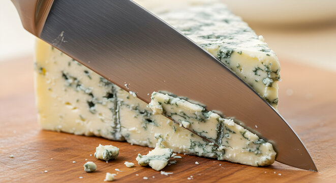 Elegant Wedge of Blue Cheese Being Sliced on a Wooden Board