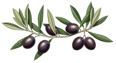 A close up view of a branch with green leaves and black olives against a black background illustration