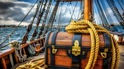 Obraz premium Treasure chest on a historic sailing ship at sea, under a dramatic sky. Perfect for travel, adventure, or history-themed projects