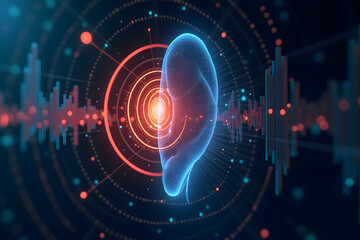 Fototapeta premium Abstract Visualization of an Ear with Digital Sound Rings and Soundwaves Displaying Innovative Audio Technology and Human Auditory Perception for Cutting-Edge Research