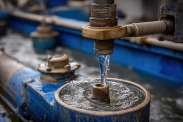 Serene water drainage system detailed view focusing flowing liquid metal components and rustic blue basin engineering