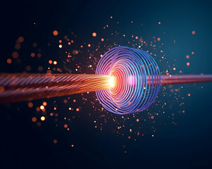 Abstract visualization of magnetic field representation around a current carrying conductor, showcasing electromagnetic principles with glowing particle effects