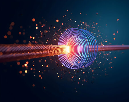 Abstract visualization of magnetic field representation around a current carrying conductor, showcasing electromagnetic principles with glowing particle effects