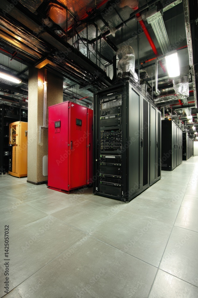 Poster interior view of a technical data center with rows of server racks for cloud computing and storage