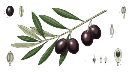Obraz premium Illustration showing a branch with olives and cross sections of the olive anatomy on black background