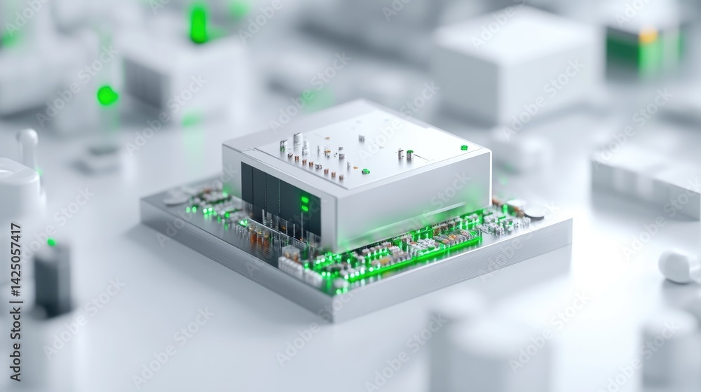 Poster modern circuit board technology. 3d rendered illustration of a complex electronic component, showcas