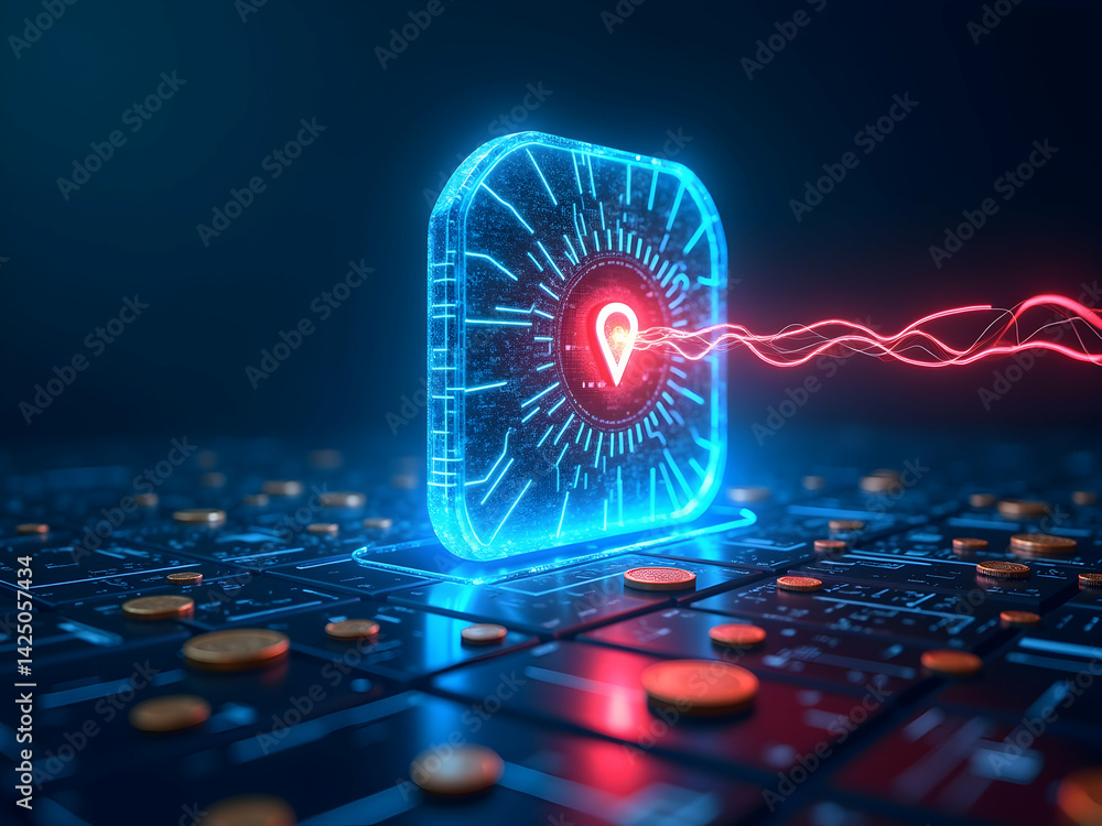 Poster advanced cybersecurity system, a futuristic hightech defense network protecting digital assets and i