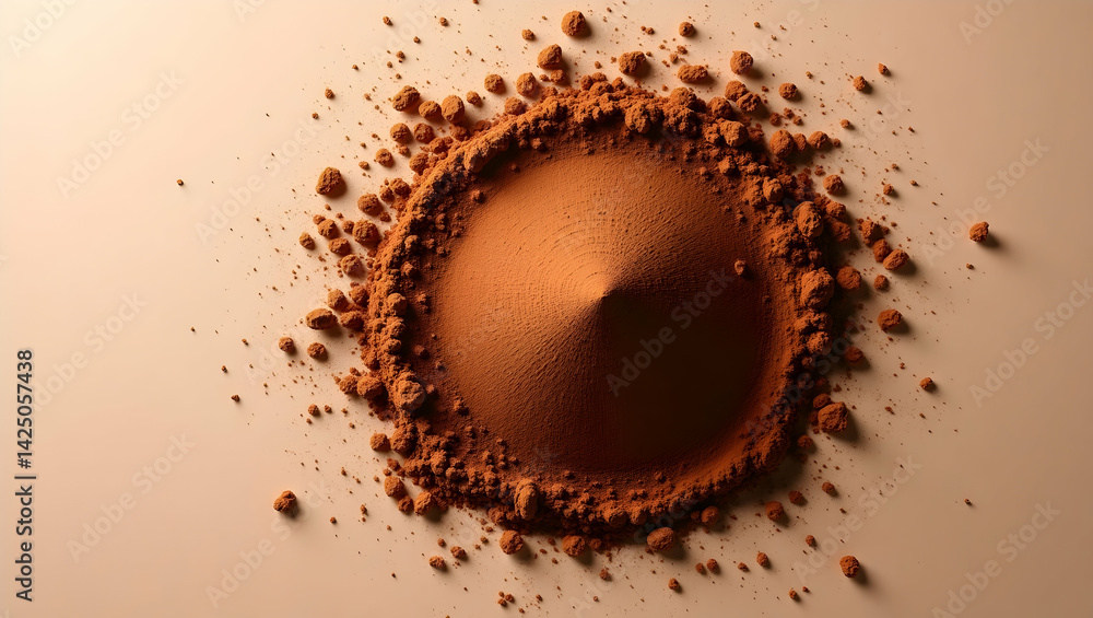 Aufkleber aerial view showcasing a burst of fine cocoa powder in a flatlay composition, artfully styled to emp