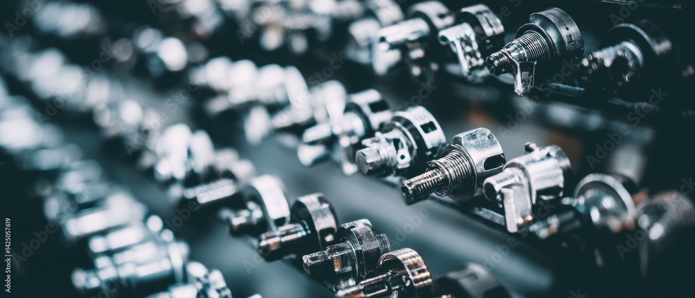 Poster array of shiny steel hardware bolts reflecting light and shadow in mechanical workshop detail photog
