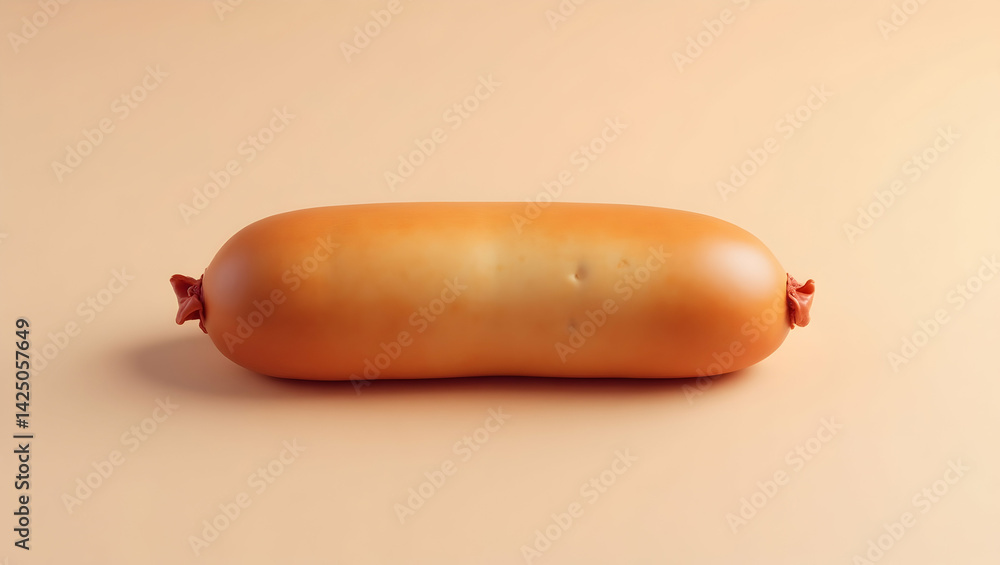 Poster an adorable boiled pink sausage roll with a smooth texture, isolated and presented on a simple, clea