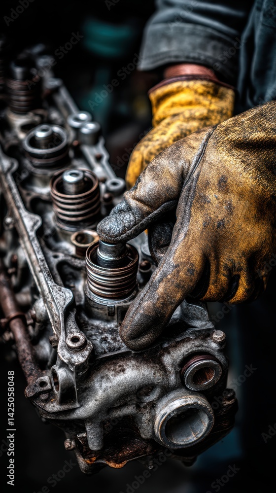 Poster precise engineering delicate craftsmanship skilled hands expert mechanic working on engine cylinder 