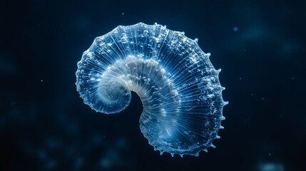 Glowing translucent seashell spiral floating in dark blue aquatic background