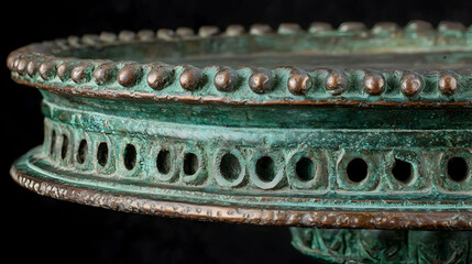 Close-up of ornate green metal stand edge against black backdrop, ideal for antique or interior design themes